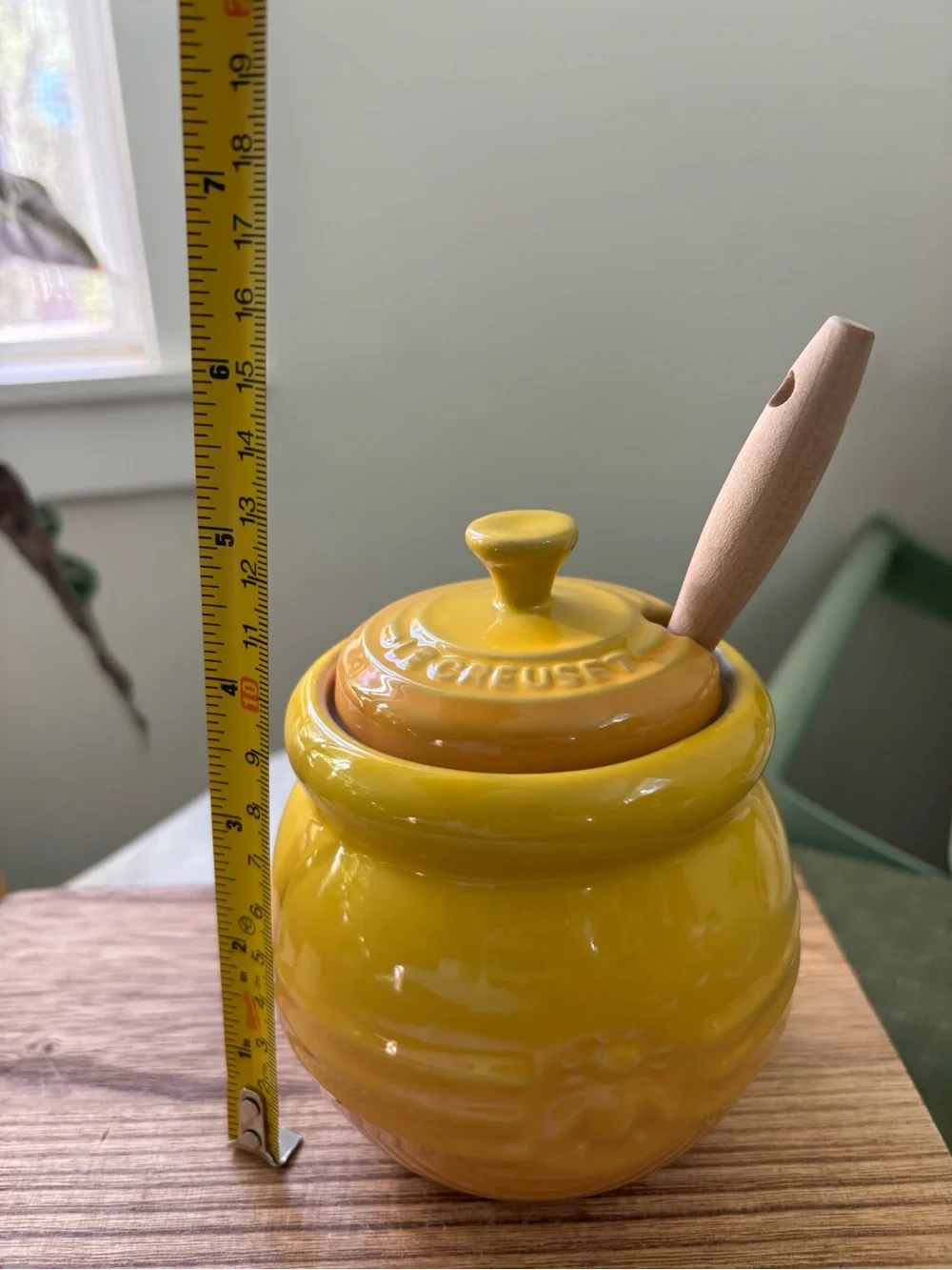 Le Creuset Discontinued Yellow Ceramic Honey Pot with Wooden Dipper